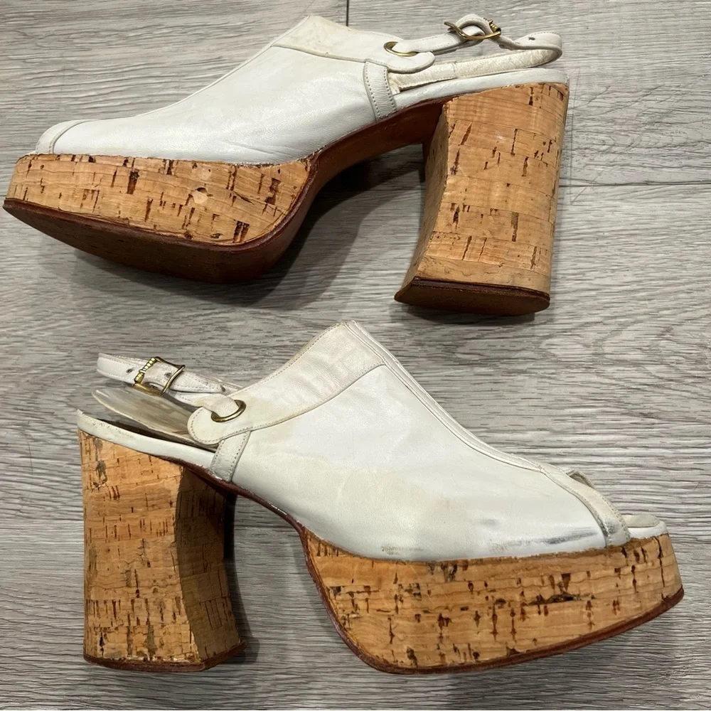 PAVEL Platform Peep-toe Chunky Heels Cork Platform Leather White 6N VINTAGE​